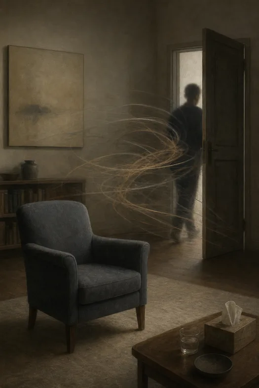Editorial illustration of acting out in psychoanalysis, showing action replacing speech in a restrained therapy-room scene.