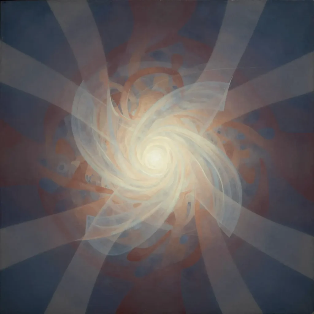 Abstract layers transforming from fragmented forms into a coherent luminous center, illustrating alpha function