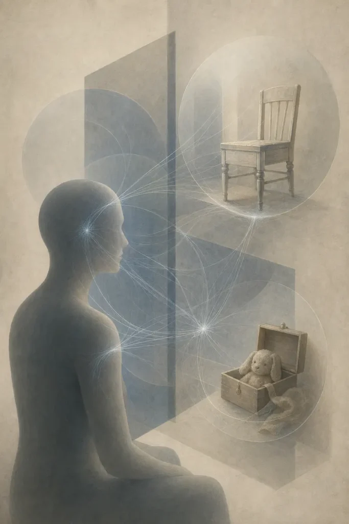 Abstract editorial illustration of cathexis as psychic investment linking memory and object
