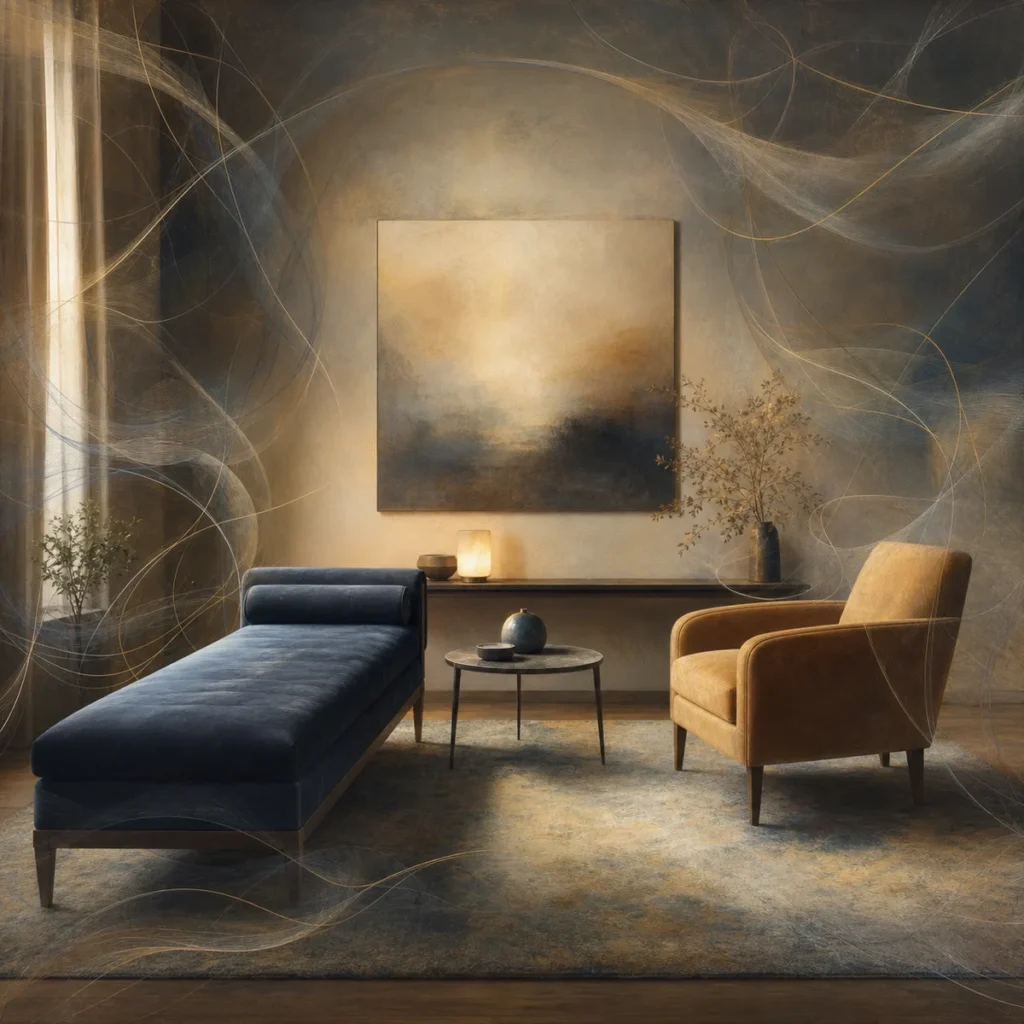 Editorial illustration of an analytic couch and armchair representing evenly suspended attention
