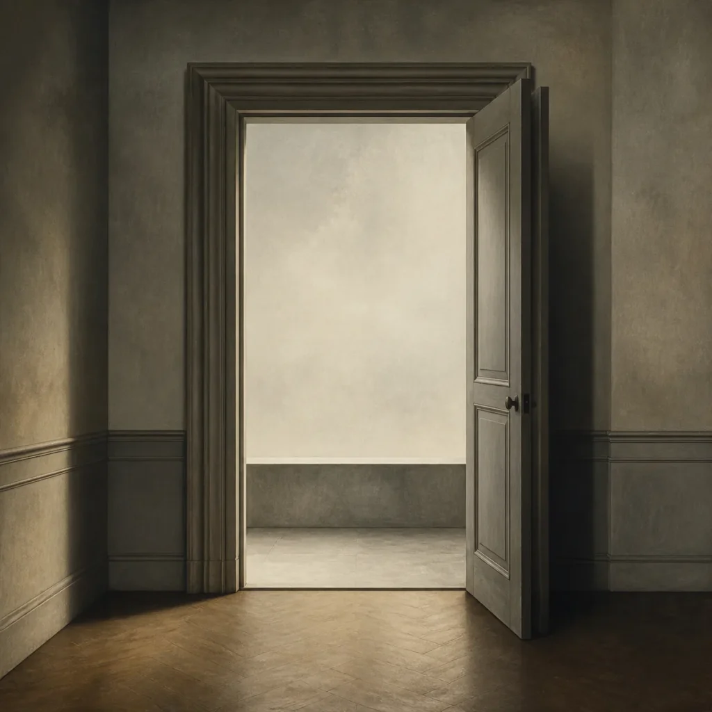 Sober symbolic illustration of foreclosure in Lacanian psychoanalysis, with an empty threshold and muted architectural forms.