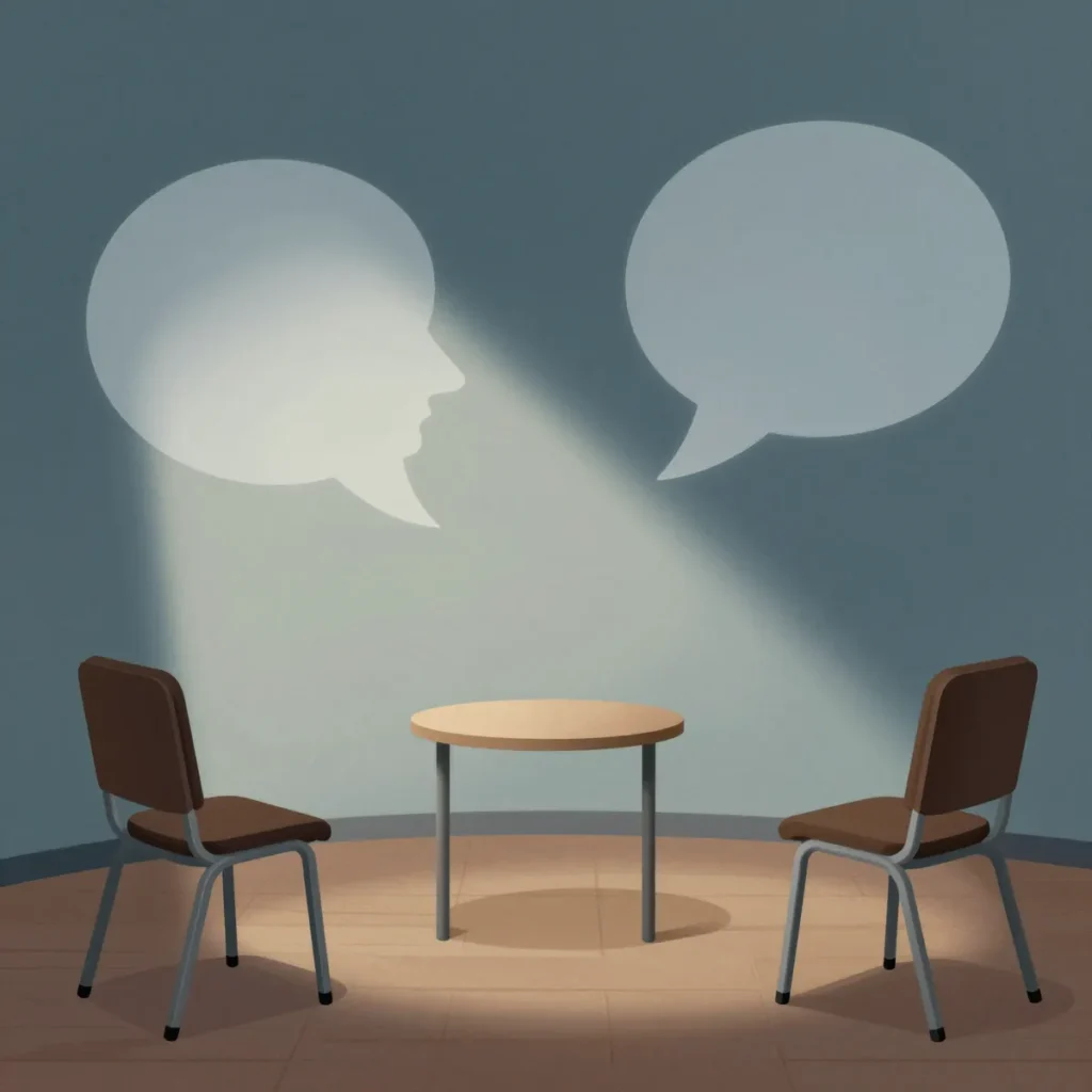Abstract editorial illustration of psychoanalytic interpretation in an analytic room
