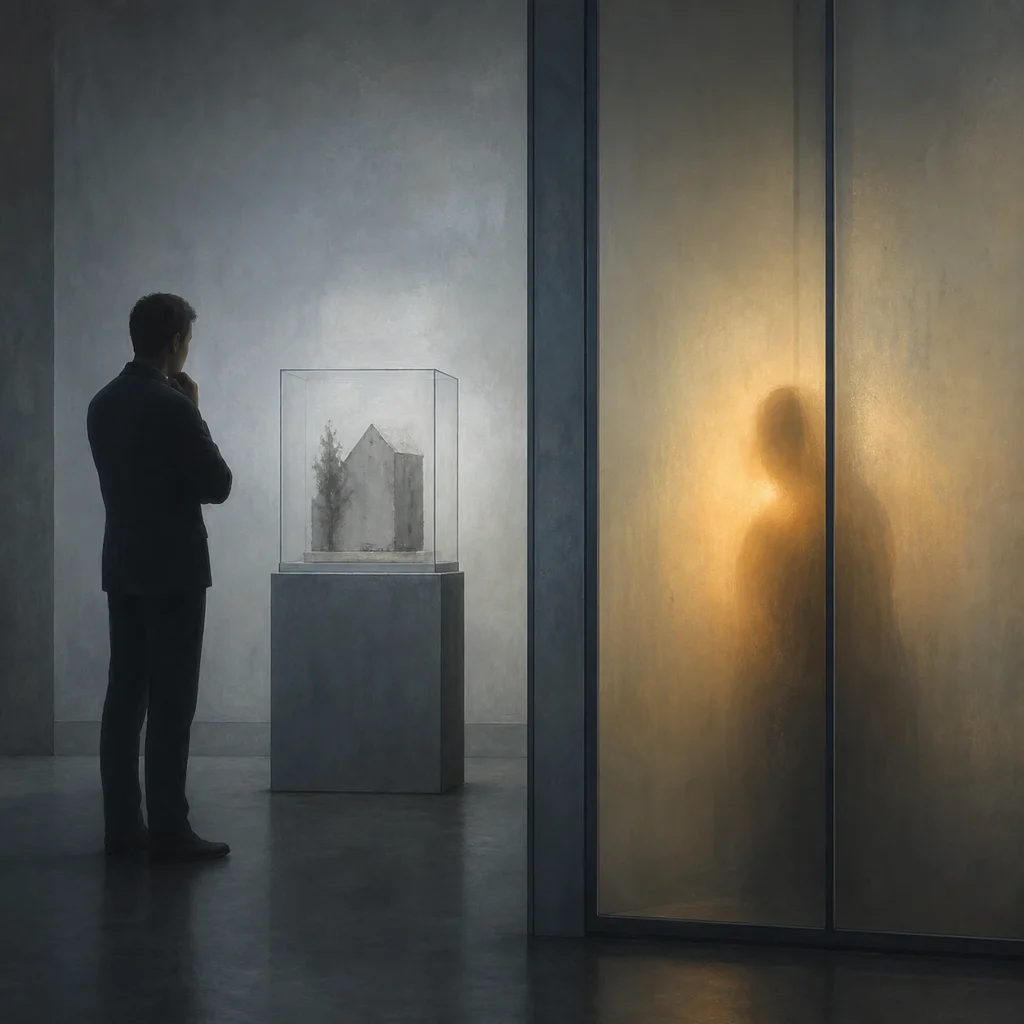 A person observes a neutral memory object while a warm human presence remains separated behind translucent glass, symbolizing isolation of affect.
