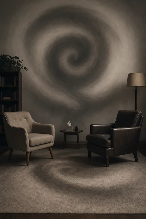 Editorial illustration of two therapy chairs under a muted spiral shadow, representing negative therapeutic reaction.