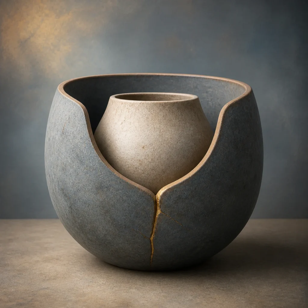 Nested ceramic forms with a repaired seam symbolizing optimal frustration and psychological growth