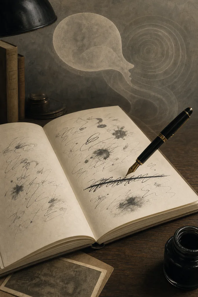 Editorial illustration for parapraxis, showing an open notebook and pen as a symbolic image of a slip in speech or action.