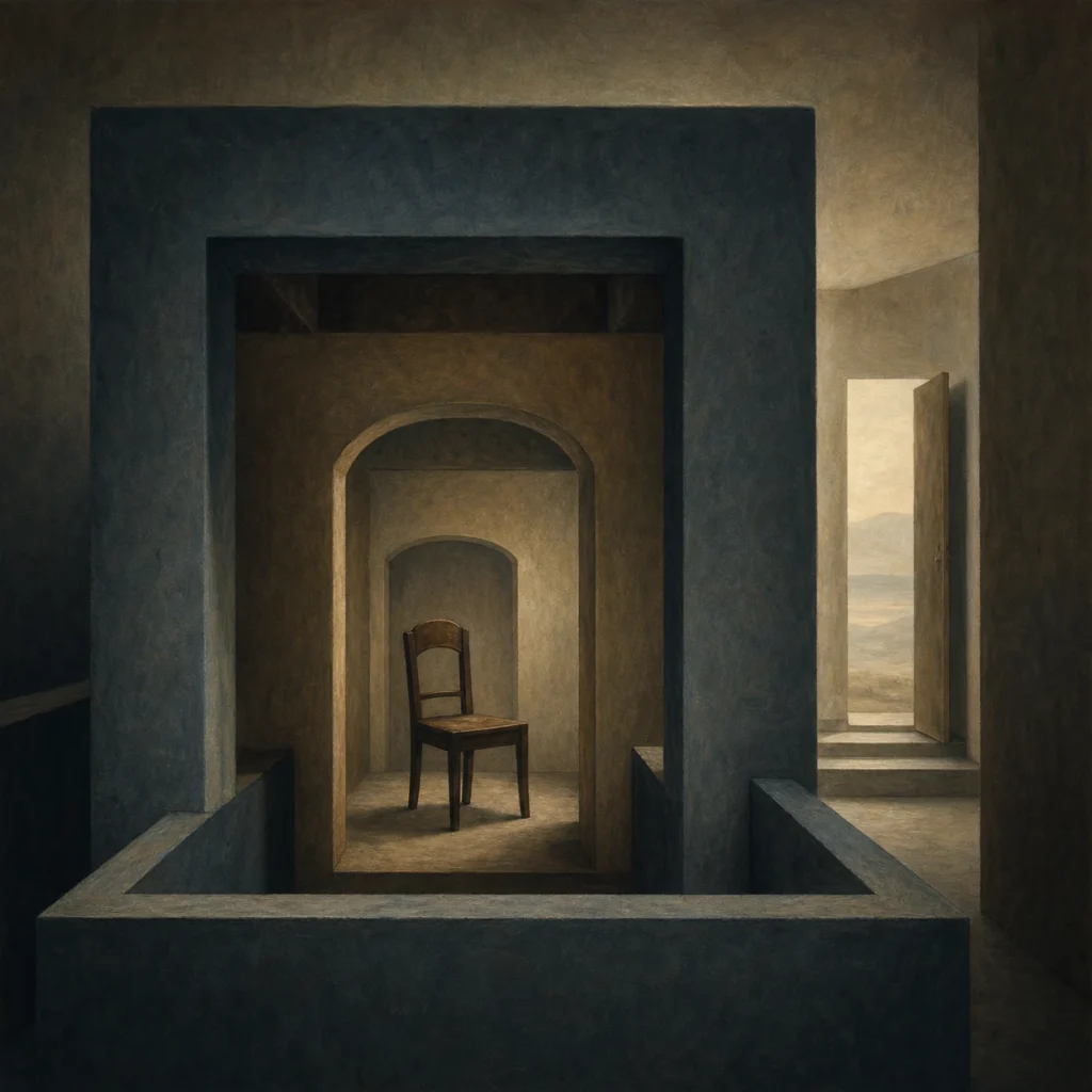 Conceptual illustration of nested rooms and an empty chair representing a psychic retreat