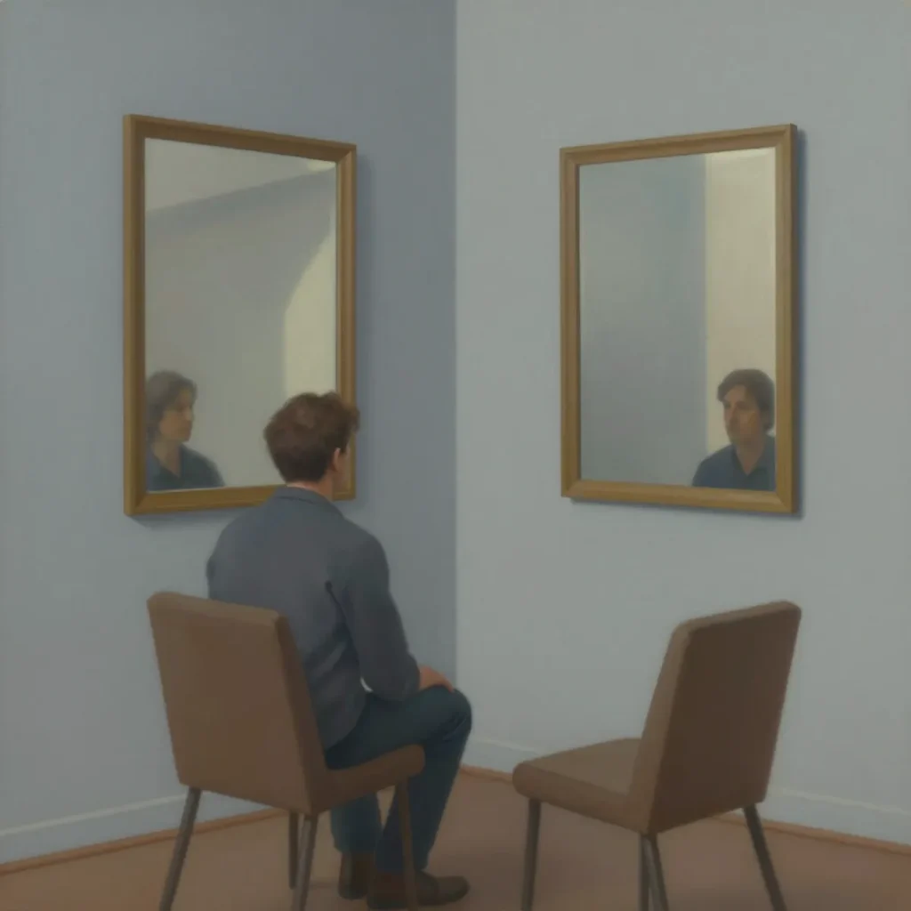 A seated figure compares differing reflections, representing reality testing in psychoanalysis.