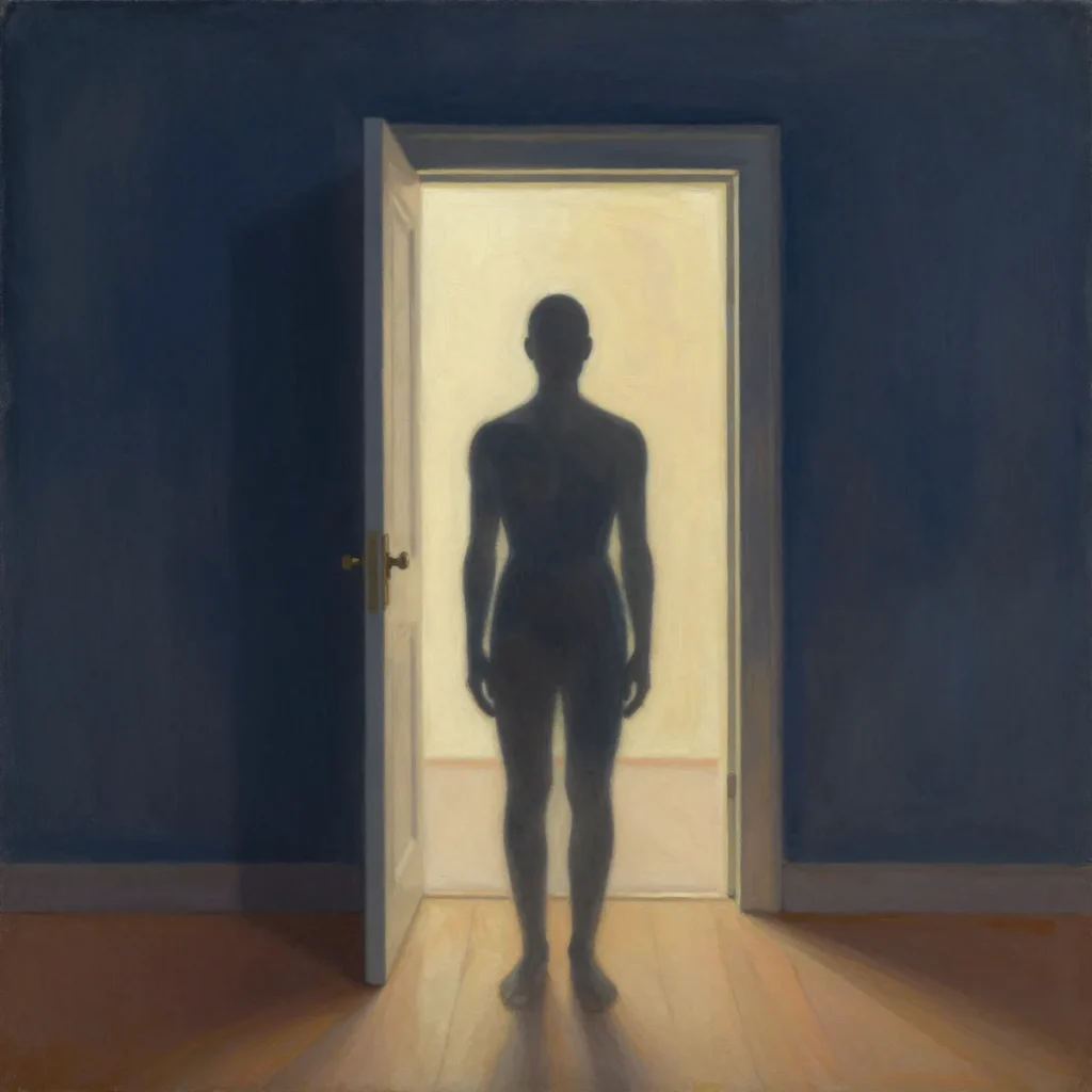 A faceless silhouette standing in an illuminated doorway, illustrating emotional knowledge becoming thinkable