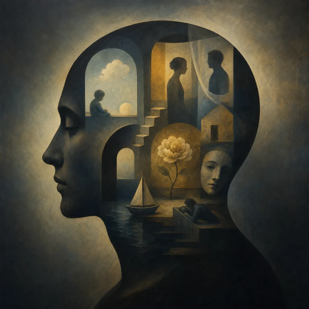 Symbolic editorial illustration of layered inner scenes representing unconscious phantasy