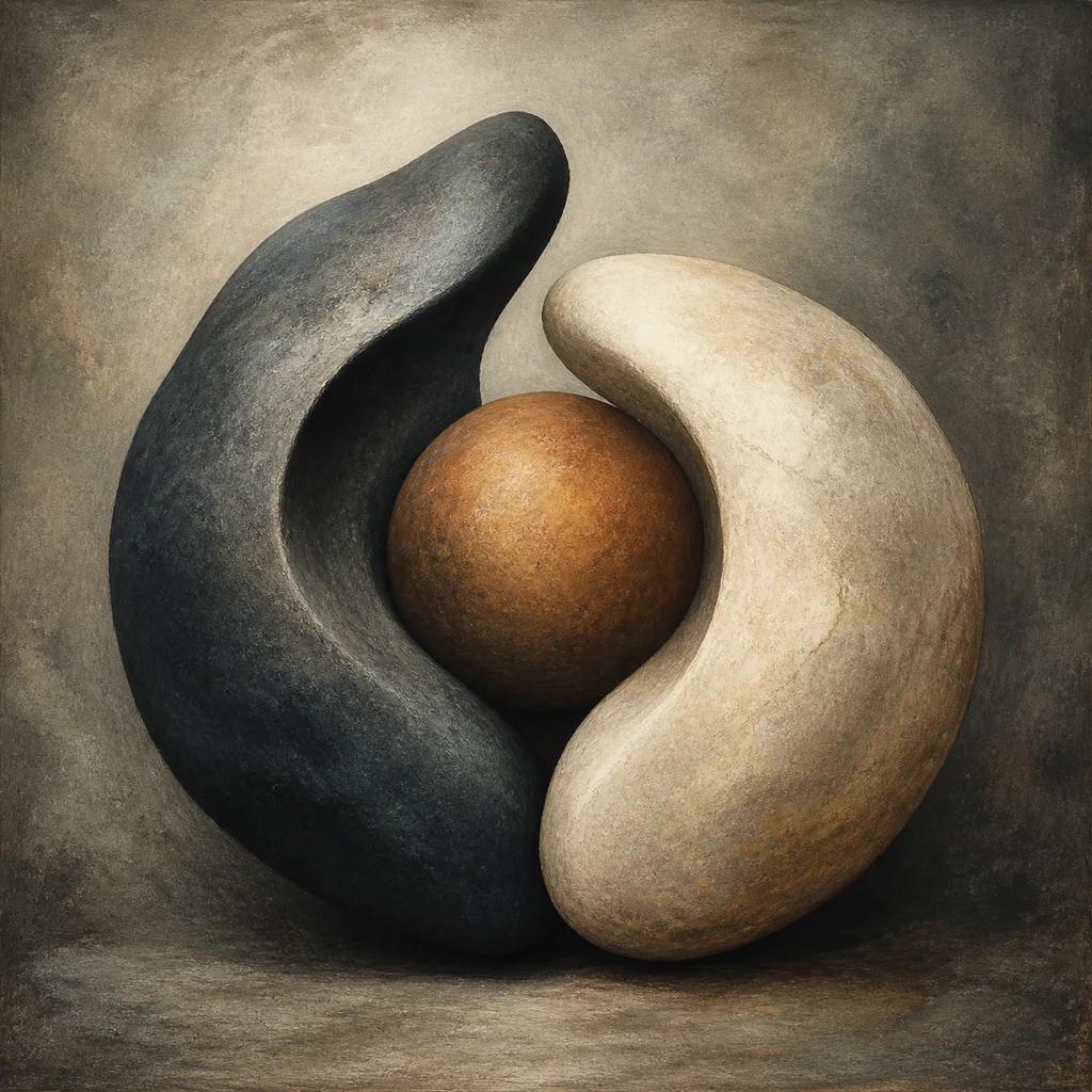 Editorial illustration of opposing dark and light forms enclosing a shared central form to represent ambivalence.