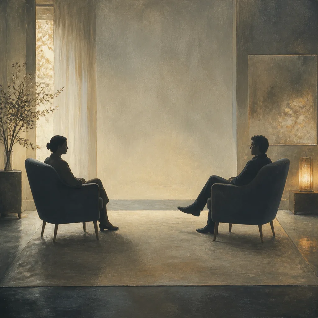 Two anonymous figures seated in balanced positions in a quiet consulting room, illustrating analytic neutrality