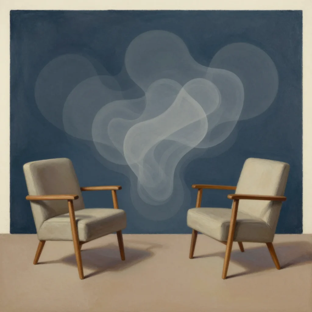Two empty analytic chairs with an interwoven field illustrating the analytic third