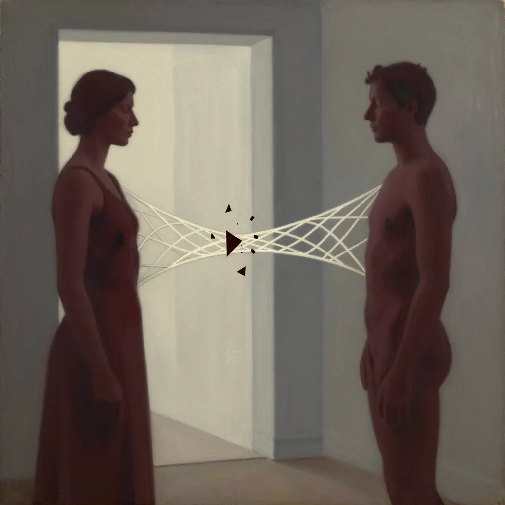 Two figures connected by a luminous woven bridge breaking into fragments, illustrating attacks on linking