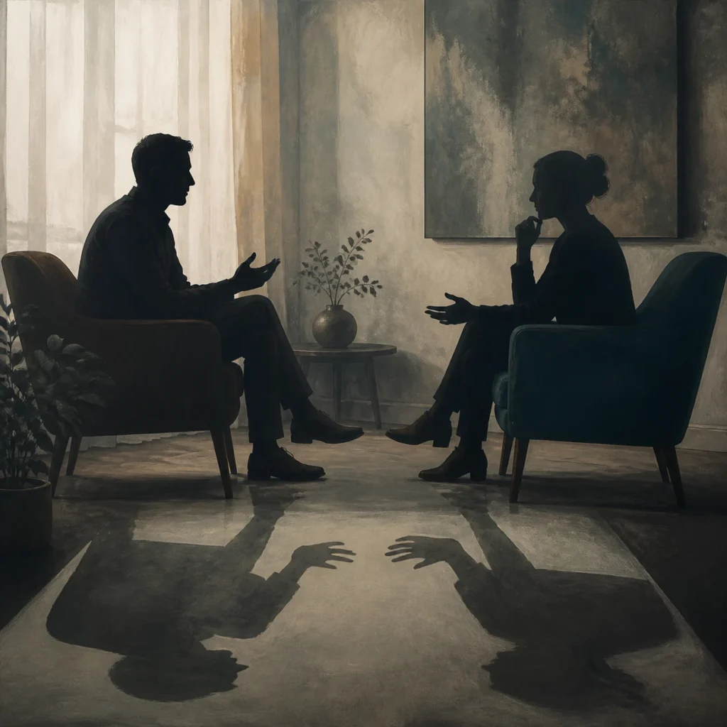 Two seated figures whose shadows echo one another, illustrating unconscious relational enactment in psychoanalysis