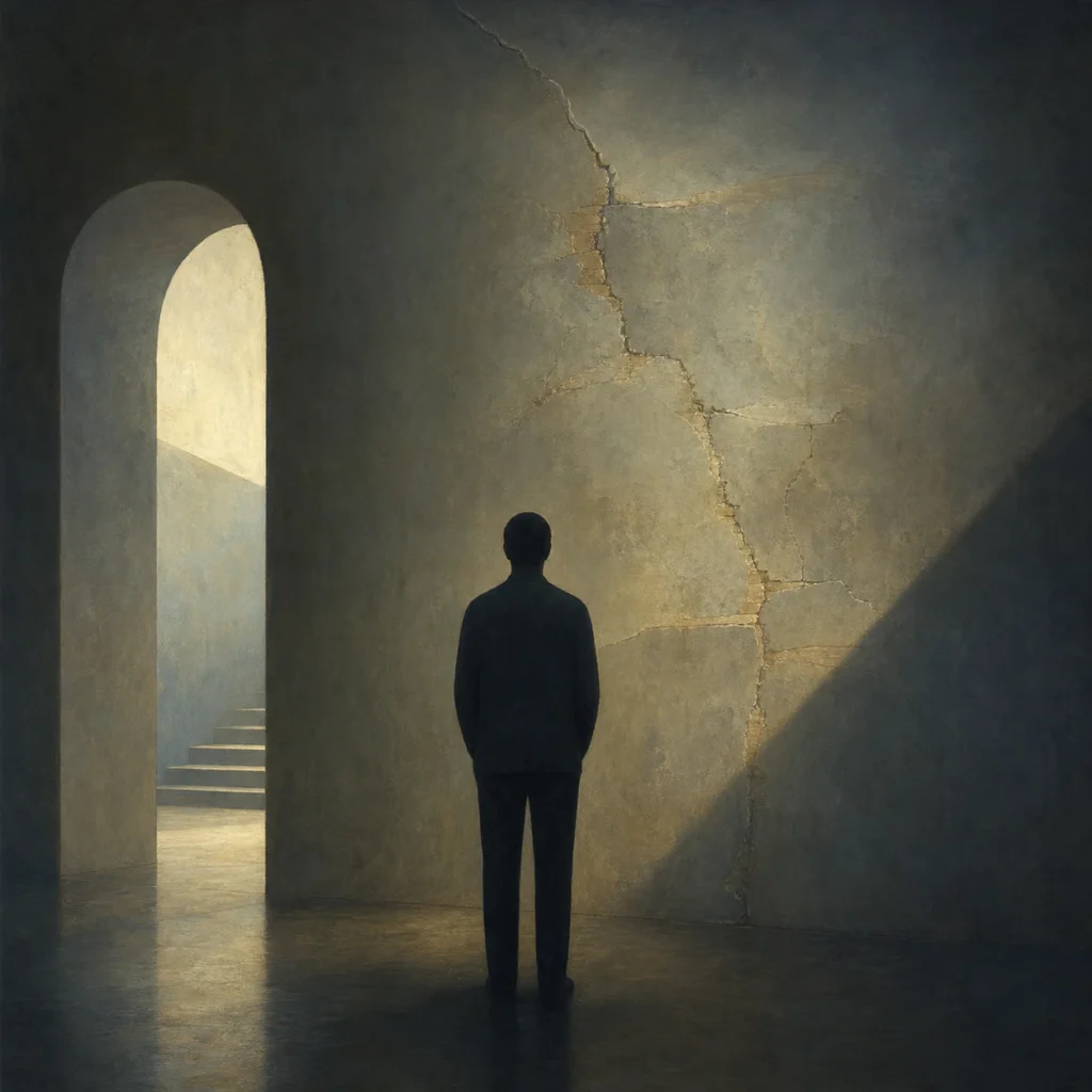 Symbolic illustration of a person facing an old fracture in a dim wall, representing fear of breakdown