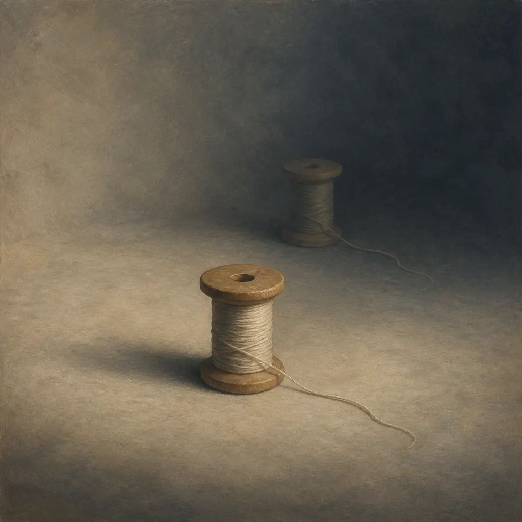 Editorial illustration of two wooden spools and thread representing disappearance and return in Fort-Da play.