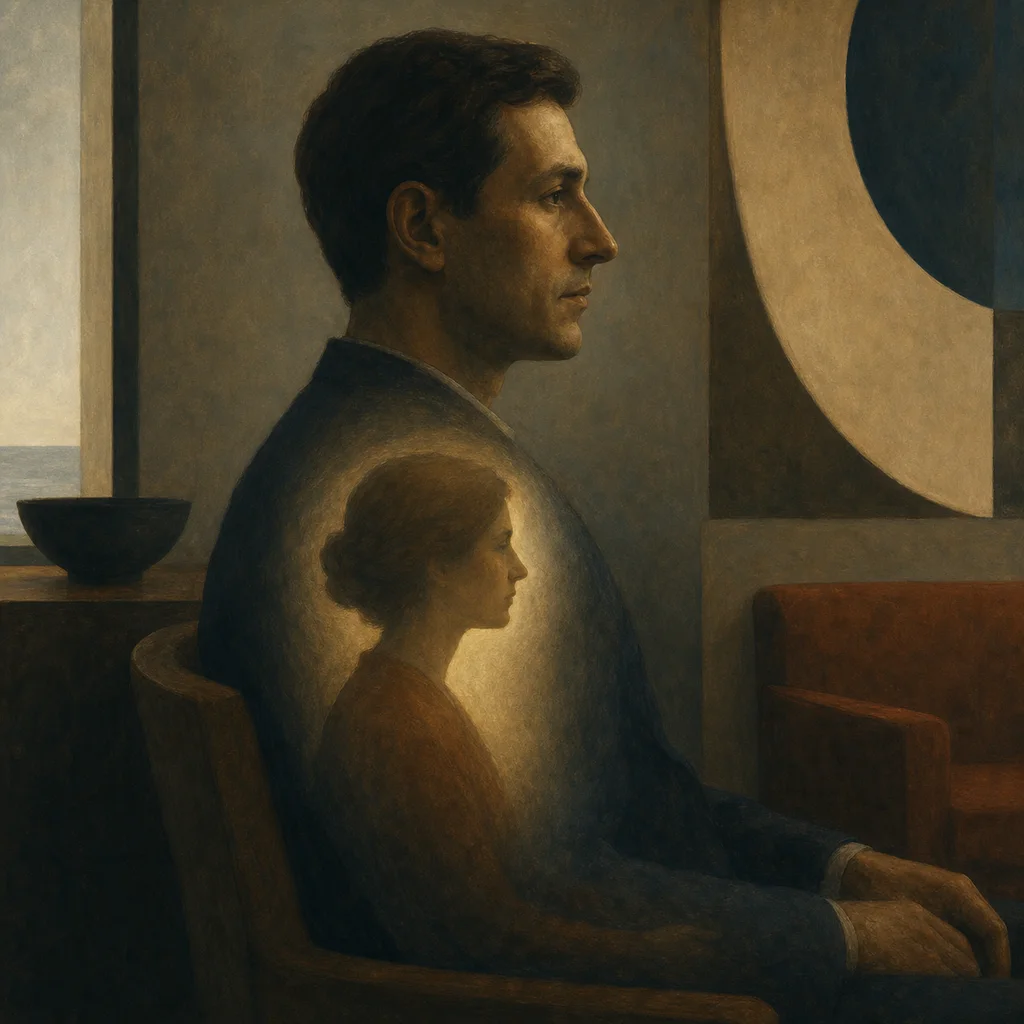 Editorial illustration of a person holding an inner relational presence, representing the psychoanalytic concept of the internal object.