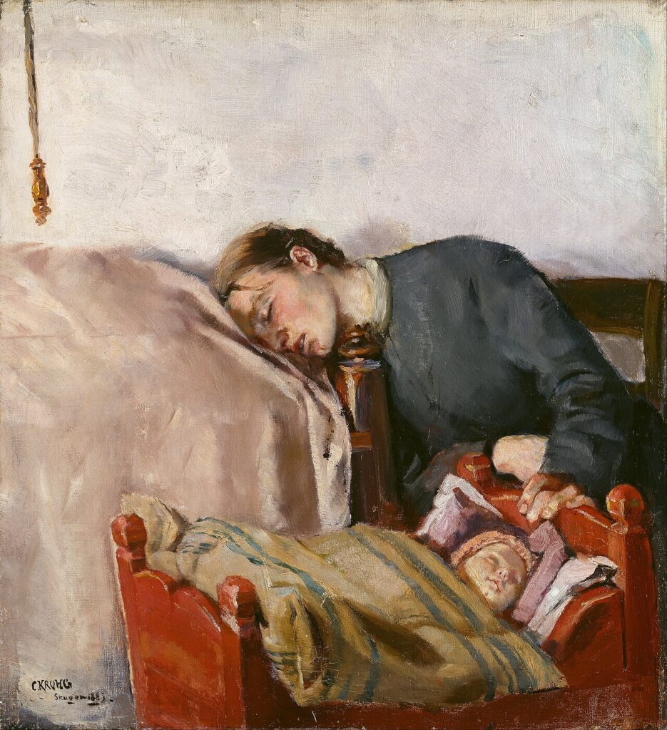 Christian Krohg painting of a mother resting beside a child in a cradle.