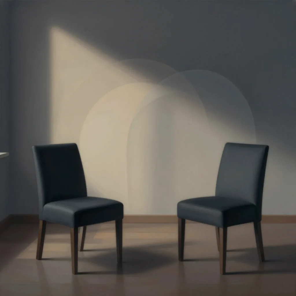 Two empty chairs with overlapping arcs of light illustrating transference neurosis