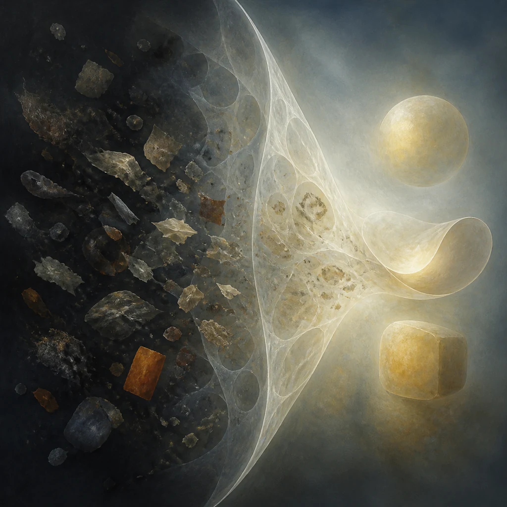 Abstract editorial illustration of fragmented sensory forms moving through a translucent field toward coherent shapes, representing Bion's beta elements.