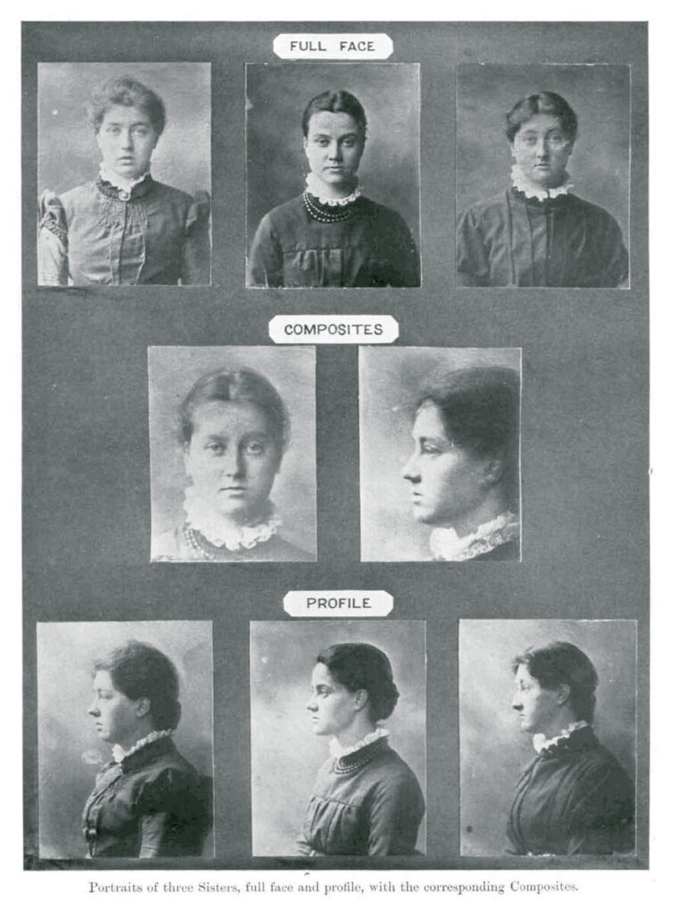 Historical composite portrait of three sisters shown in full-face and profile views, with composite portraits.