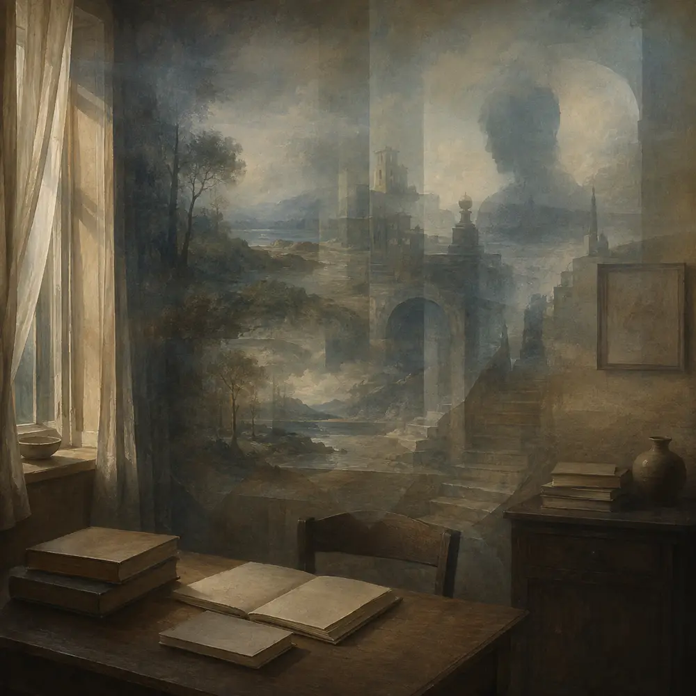 Abstract editorial illustration of an inner scene layered within an ordinary room, representing psychic reality.